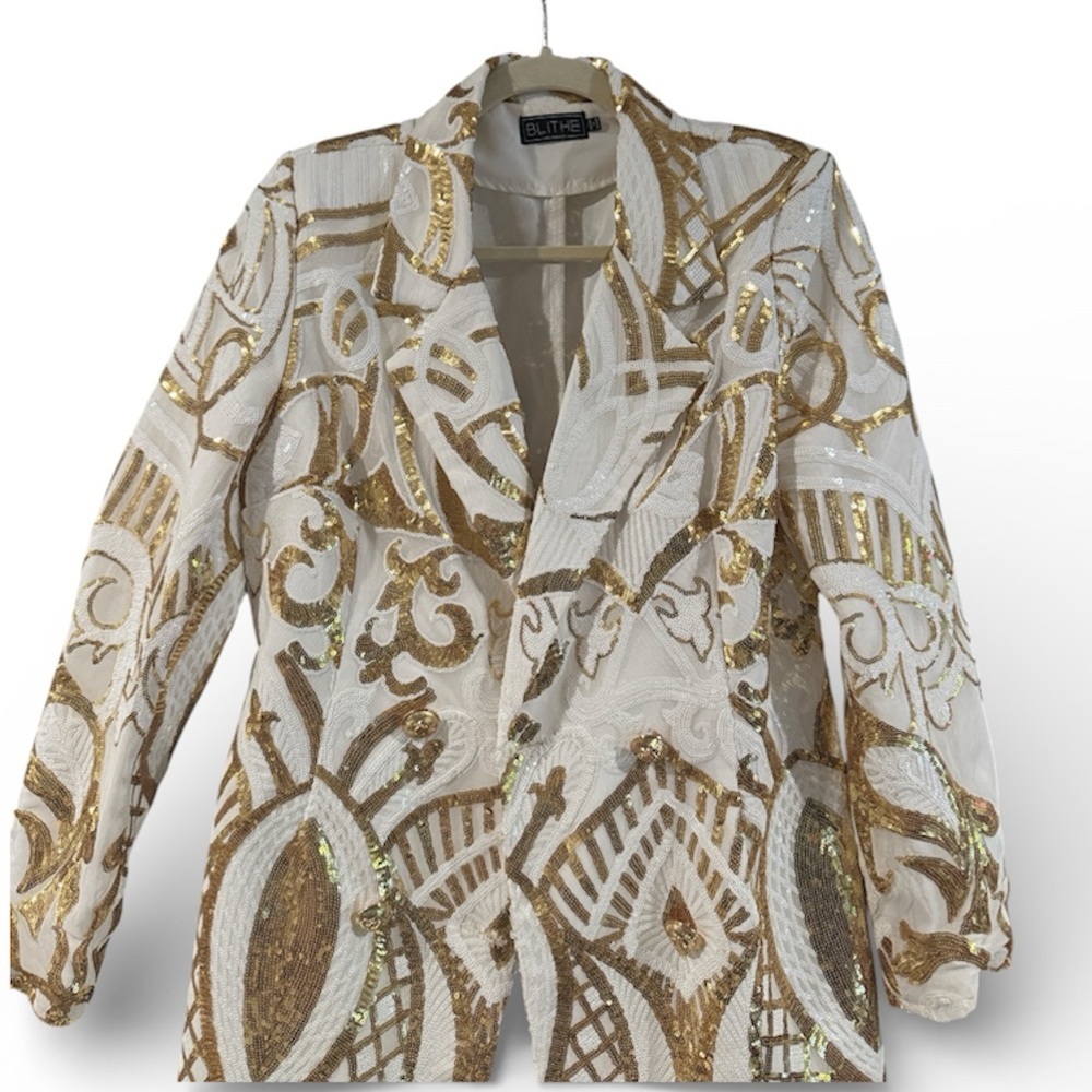 BLITHE White & Gold Sequin Embellished Art Deco Blazer Coat/Jacket size M - Picture 2 of 8